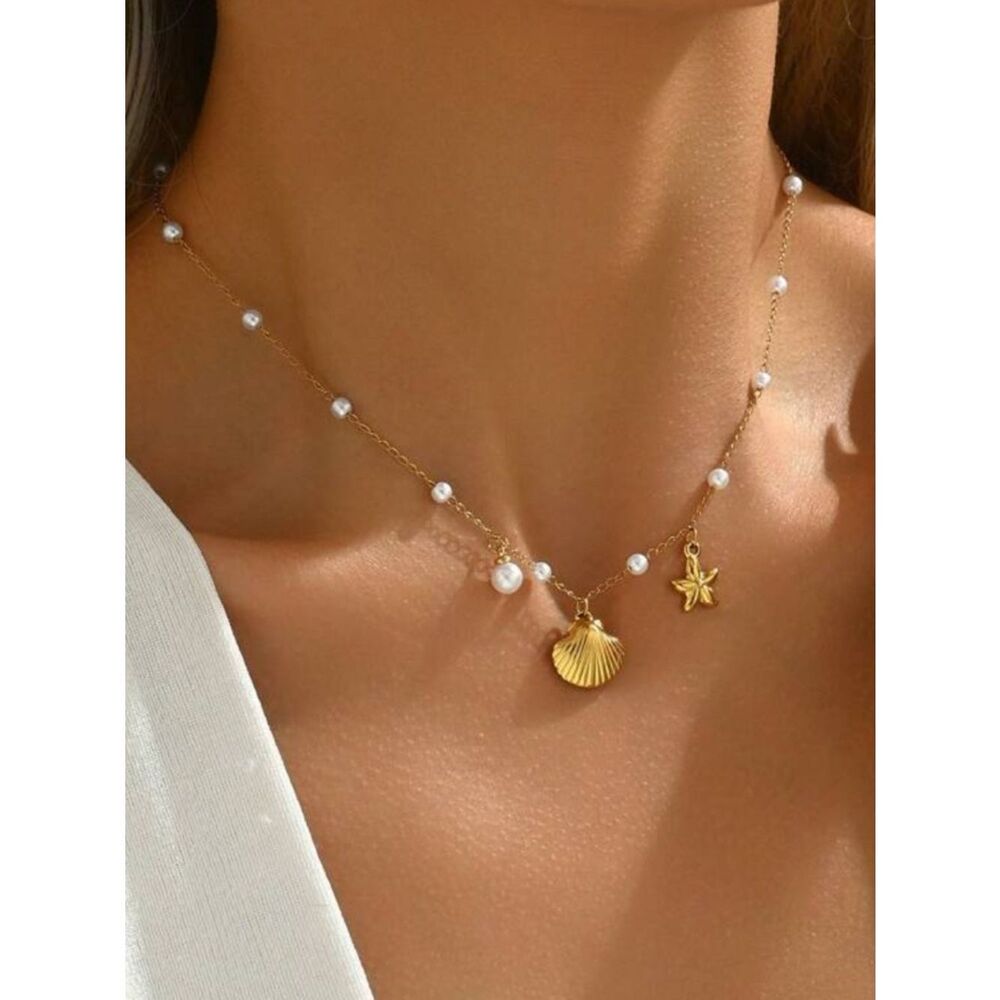 Gold Pearl Shell & Star Charm Necklace - Elegant Women Jewelry R 472 - Picture 1 of 4